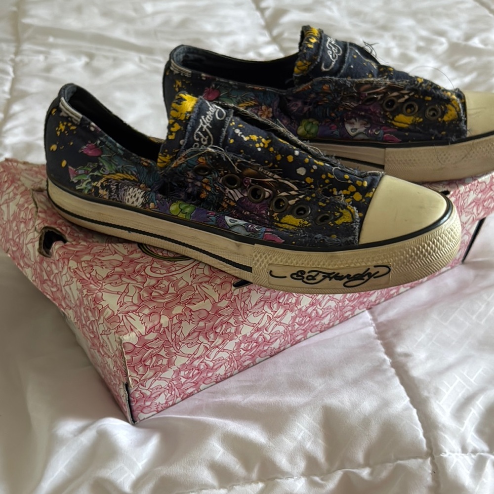 Ed Hardy Blue Floral Sneakers Canvas Low-Top